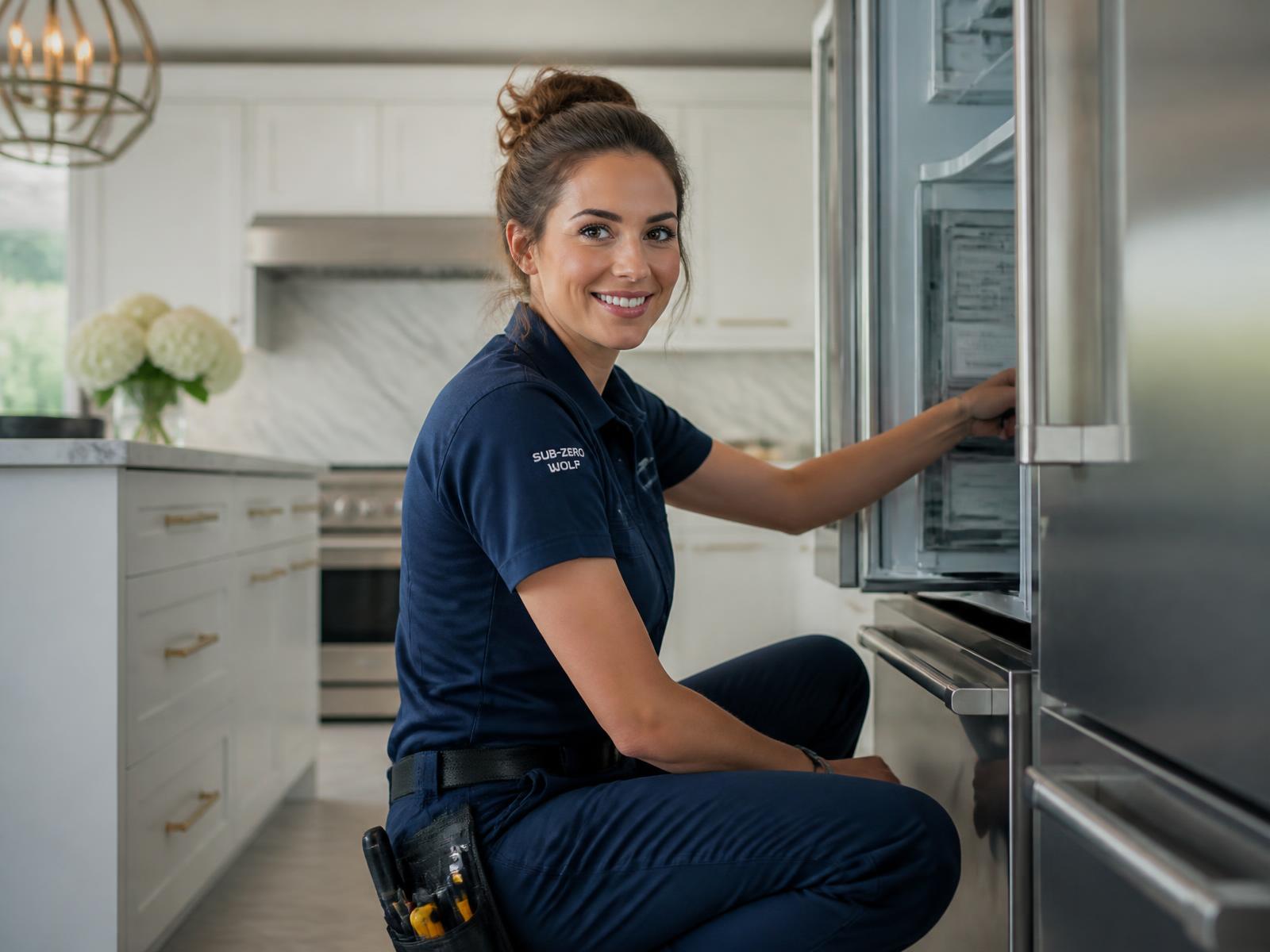 Female appliance repair technician in Los Angeles repairing a premium built-in refrigerator